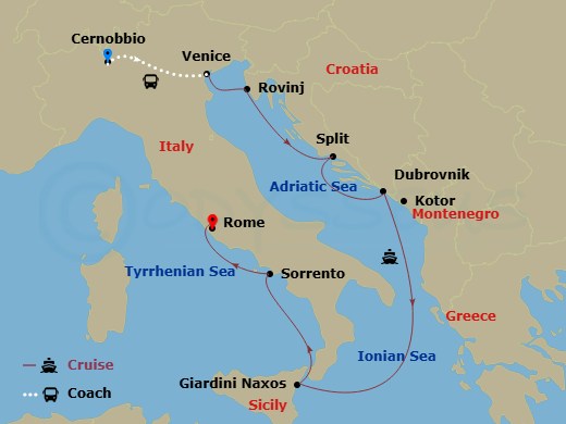 Wind Surf Cruise Tours - 11 Night - Lake Como & Adriatic Romance Cruise Tour - Wind Surf Cruise Tours - Starting in Cernobbio, Venice, Italy, Venice, Rovinj, Split, Dubrovnik, Croatia.. itinerary map
