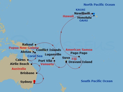 Coral Princess - 29 Night - Hawaii & South Pacific Crossing - Coral Princess - Starting in Honolulu, Hawaii, Kauai (Nawiliwili), Hawaii, Pago Pago, American Samoa, Cross Inter.. itinerary map
