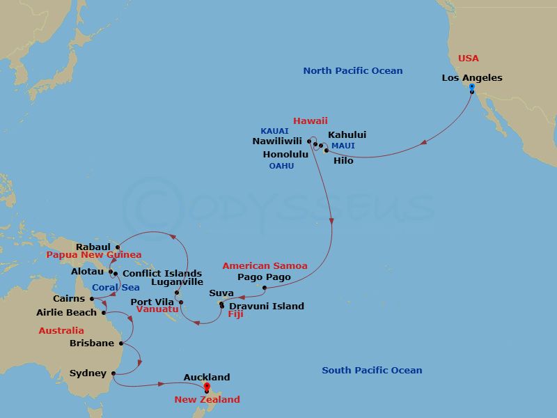 Coral Princess - 41 Night - Hawaii & South Pacific Crossing - Coral Princess - Starting in Los Angeles, California, Hilo, Hawaii, Kahului, Hawaii, Honolulu, Hawaii, Kauai (Naw.. itinerary map