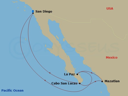 HAL Zuiderdam - 7 Night - Mexican Riviera - HAL Zuiderdam - Starting in San Diego, California, Pichilingue (La Paz), Mexico, Mazatlan, Mexico, Cabo San Lucas, Mexico, San Die.. itinerary map
