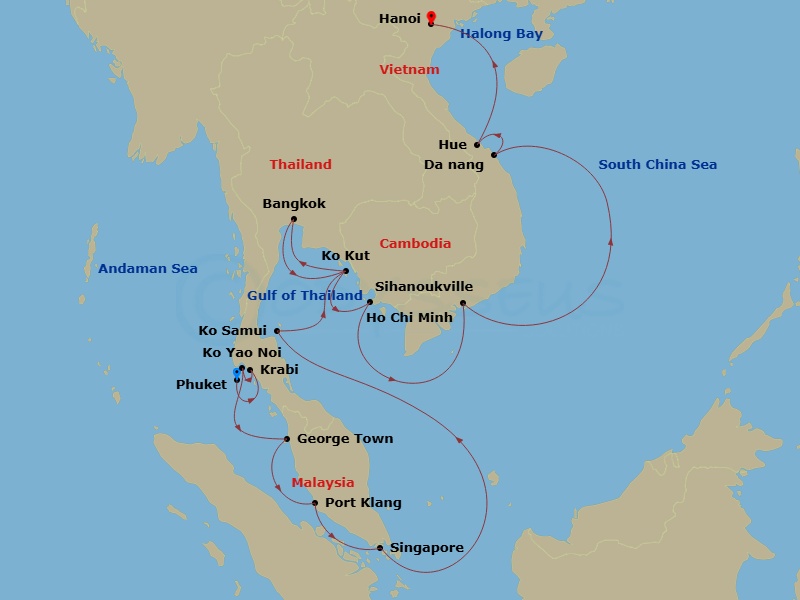 Star Seeker - 21 Night - Star Collector : Captivating Vietnam & Thailand - Star Seeker - Starting in Phuket, Thailand, Krabi, Thailand, Ko Yao Noi, Thailand, George Town, P.. itinerary map