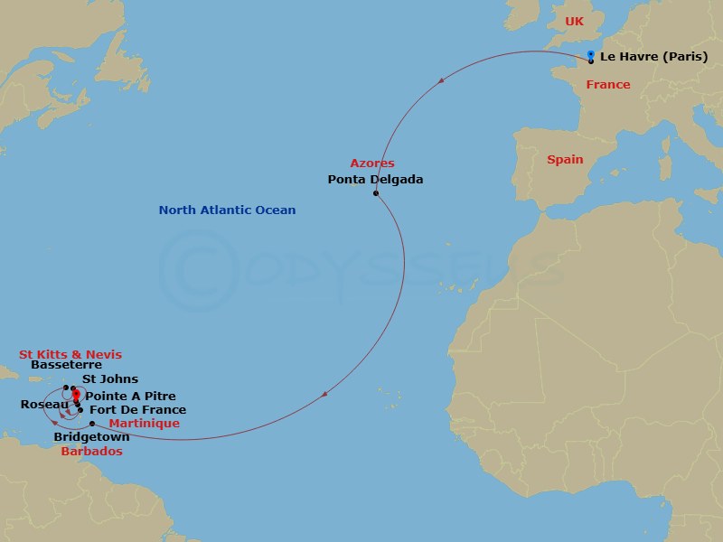 MSC Virtuosa - 16 Night - Msc Grand Voyages - MSC Virtuosa - Starting in Le Havre (Paris), France, Ponta Delgada (Azores), Portugal, Bridgetown, Barbados, Basseterre, St Kit.. itinerary map