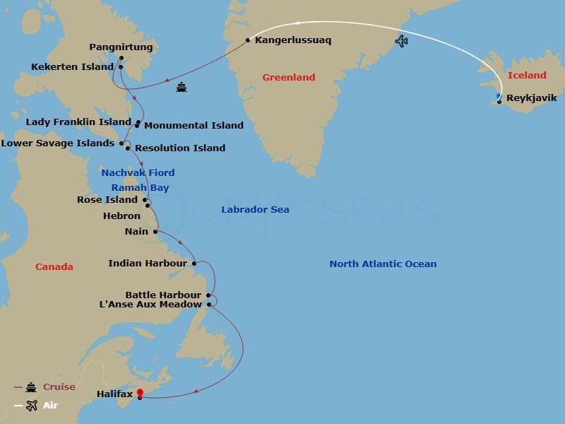 Seabourn Venture Cruise Tours - 15 Night - Wild Labrador Coast : Missions, - Tour R83 - Seabourn Venture Cruise Tours - Starting in Reykjavik, Iceland, Kangerlussuaq, Greenland, Pangnirtung,.. itinerary map