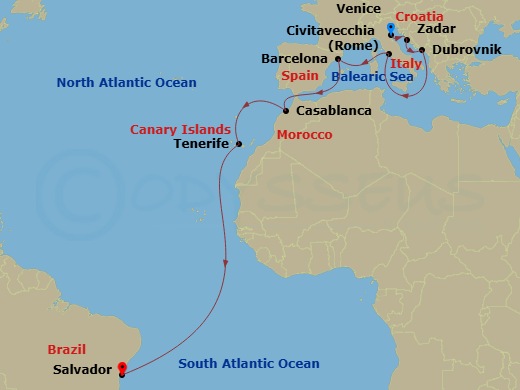 MSC Armonia - 17 Night - Msc Grand Voyages - MSC Armonia - Starting in Venice / Marghera, Italy, Zadar, Croatia, Dubrovnik, Croatia, Civitavecchia (Rome), Italy, Barcelona,.. itinerary map
