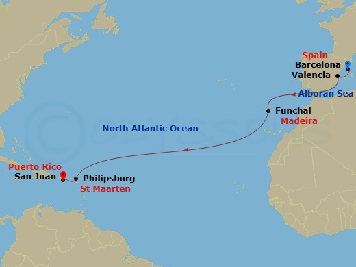 13 Night - West Indies to Spain - Viking Sea - Starting in Barcelona, Valencia, Sail the Alboran Sea, Sail the Atlantic Ocean, Madeira (Funchal), Sail the Atlantic Ocean, Philipsburg, San Juan itinerary map