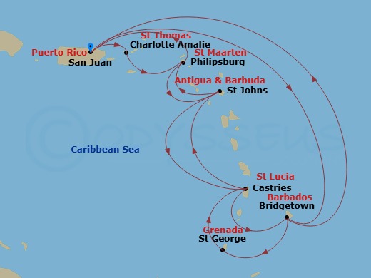 Crown Princess - 14 Night - Southern Caribbean Adventurer - Crown Princess - Starting in San Juan, Puerto Rico, Barbados, Grenada, St Lucia, Antigua, St Maarten, San Juan, Pue.. itinerary map