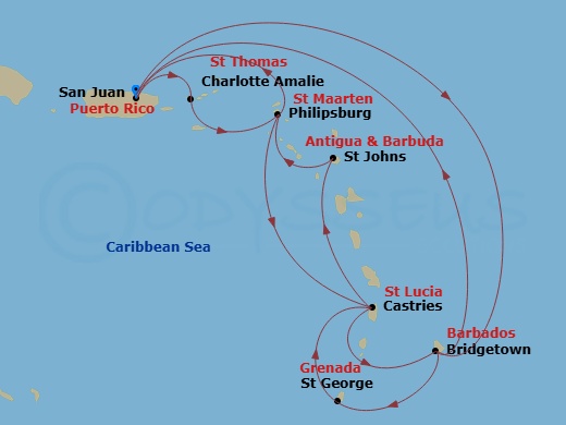 Crown Princess - 14 Night - Southern Caribbean Adventurer - Crown Princess - Starting in San Juan, Puerto Rico, St Thomas, US Virgin Islands, St Maarten, Antigua, St Lucia, Ba.. itinerary map