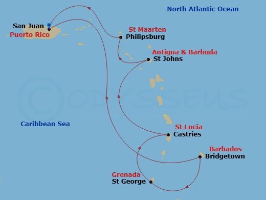 Crown Princess - 7 Night - Southern Caribbean with Barbados and St. Lucia - Crown Princess - Starting in San Juan, Puerto Rico, Barbados, Grenada, St Lucia, Antigua, St Maarte.. itinerary map