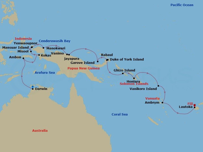 22 Night - Remote Indonesia & Islands of the Pacific Theatre - Seabourn Pursuit - Starting in Darwin, Australia, Ambon, Indonesia, Kokas, Indonesia, Misool, Yapap Lagoon, Indonesia, Yenwapunor, Gam Island, Indonesia, Mansuar Island, Indonesia, Manokwari, Indonesia, Cenderawasih Bay, Indonesia, Jayapura, Indonesia, Vanimo, Papua New Guinea, Garove Island, Papua New Guinea, Duke of York Island, Papua New Guinea, Rabaul, Papua New Guinea, Ghizo Island, Solomon Islands, Honiara, Guadalcanal, Solomon Islands, Vanikoro, Solomon Islands, Ambrym, Vanuatu, Lautoka, Fiji itinerary map