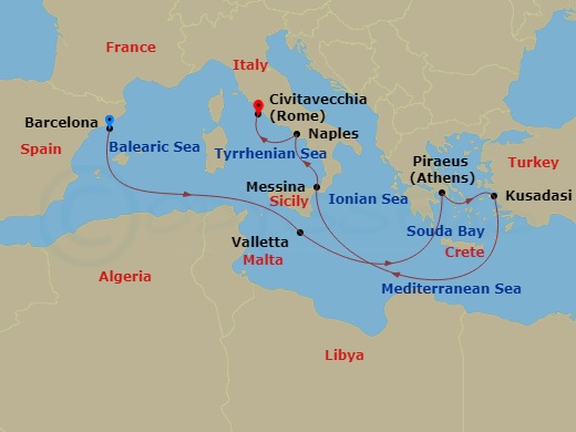 Viking Saturn - 11 Night - Ancient Mediterranean Shores - Viking Saturn - Starting in Barcelona, Sail the Mediterranean Sea, Valletta, Sail the Mediterranean Sea, Athens (Pir.. itinerary map
