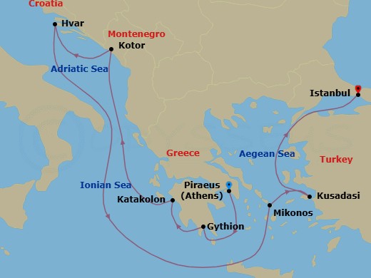 10 Night - Mysteries & Marvels - Seven Seas Navigator - Starting in Athens (Piraeus), Gythion, Katakolon, Cruising the Aegean Sea, Kotor, Hvar, Cruising the Mediterranean Sea, Mykonos, Kusadasi, Istanbul itinerary map