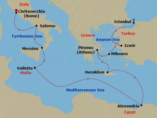 14 Night - President's Cruise - Seven Seas Navigator - Starting in Istanbul, Cruising the Aegean Sea, Izmir, Mykonos, Athens (Piraeus), Heraklion (Crete), Cruising the Mediterranean Sea, Alexandria EG, Cruising the Mediterranean Sea, Valletta, Messina (Sicily), Salerno, Rome (Civitavecchia) itinerary map
