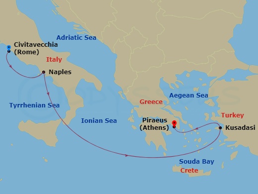 Viking Neptune - 7 Night - Journey to Antiquities - Viking Neptune - Starting in Rome (Civitavecchia), Naples, Sail the Mediterranean Sea, Sail the Ionian Sea, Crete (Souda Ba.. itinerary map