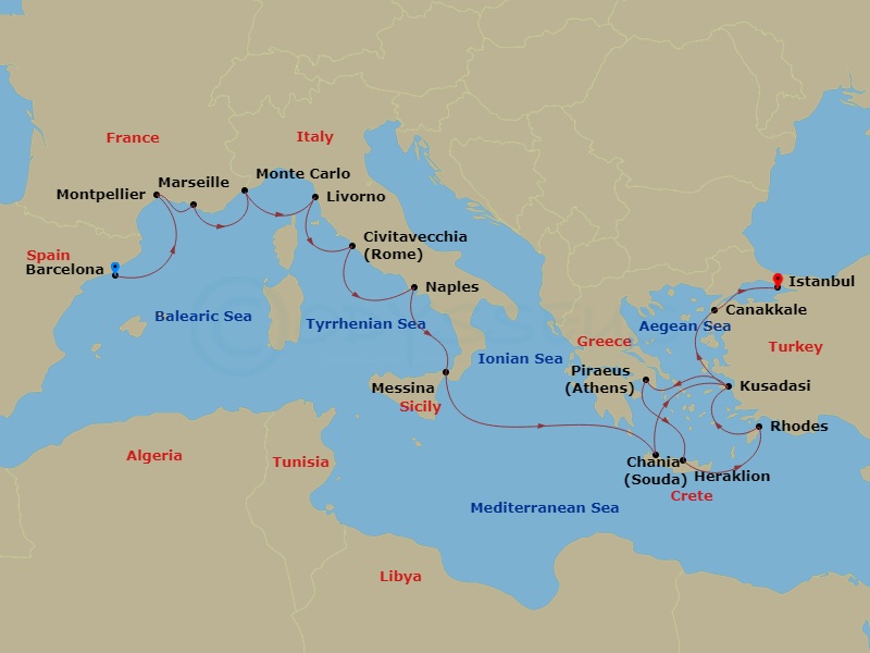 Viking Jupiter - 21 Night - Iconic Mediterranean Treasures - Viking Jupiter - Starting in Barcelona, Sete, Marseille, Monte Carlo, Florence / Pisa (Livorno), Rome (Civitavecch.. itinerary map