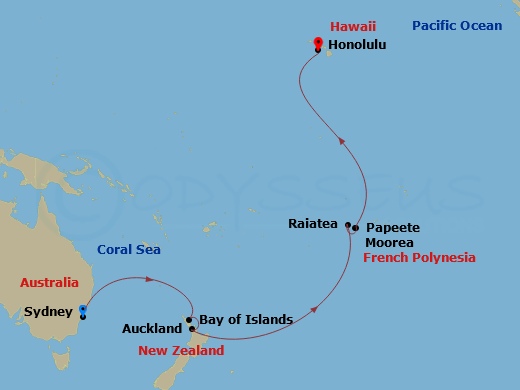 Celebrity Edge - 17 Night - Tahitian Treasures Cruise - Celebrity Edge - Starting in Sydney AU, Bay of Islands, New Zealand, Auckland, New Zealand, International Dateline, Rai.. itinerary map