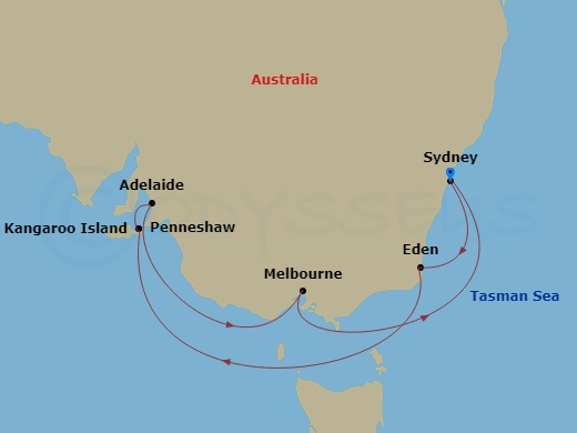 Celebrity Edge - 8 Night - Australia Wine Cruise - Celebrity Edge - Starting in Sydney AU, Eden, Australia, Kangaroo Island (Penneshaw), Adelaide, Australia, Melbourne, Austra.. itinerary map