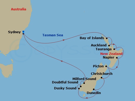 Celebrity Edge - 13 Night - New Zealand Cruise - Celebrity Edge - Starting in Sydney AU, Bay of Islands, New Zealand, Auckland, New Zealand, Tauranga, New Zealand, Napier, New.. itinerary map