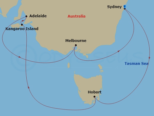 Celebrity Edge - 9 Night - Australia Wine Cruise - Celebrity Edge - Starting in Sydney AU, Hobart, Tasmania, Kangaroo Island (Penneshaw), Adelaide, Australia, Melbourne, Austr.. itinerary map