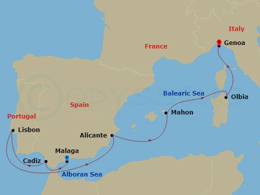 7 Night - Mediterranean - MSC Opera - Starting in Malaga (Granada), Spain, Cadiz (Seville), Spain, Lisbon (Cascais), Portugal, Alicante, Spain, Mahon, Menorca, Spain, Olbia, Italy, Genoa (Portofino), Italy itinerary map