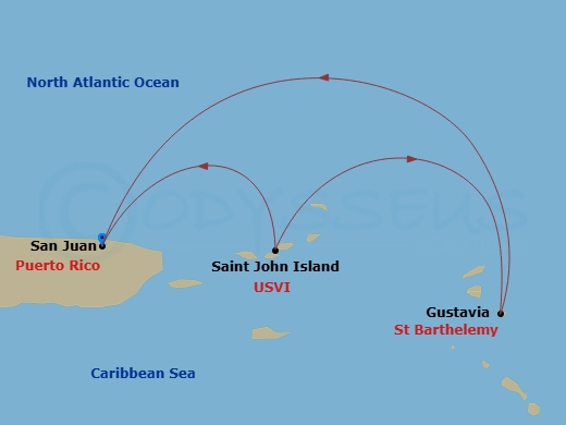 Evrima - 3 Night - San Juan / San Juan - Evrima - Starting in San Juan, St John VI, Gustavia, San Juan itinerary map