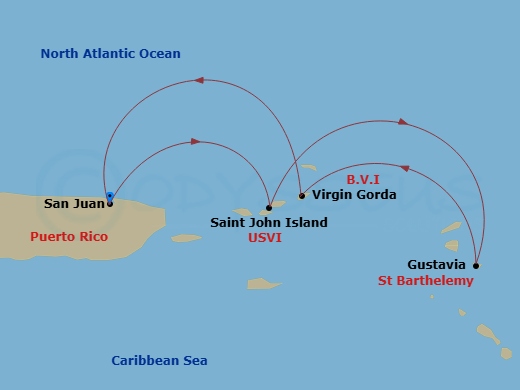 Evrima - 4 Night - San Juan / San Juan - Evrima - Starting in San Juan, St John VI, Gustavia, Virgin Gorda, San Juan itinerary map