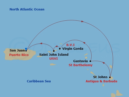 Evrima - 6 Night - San Juan / San Juan - Evrima - Starting in San Juan, St Johns AG, Gustavia, Virgin Gorda, St John VI, San Juan itinerary map