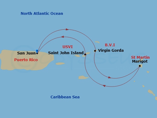 Evrima - 4 Night - San Juan / San Juan - Evrima - Starting in San Juan, Virgin Gorda, Marigot, St John VI, San Juan itinerary map