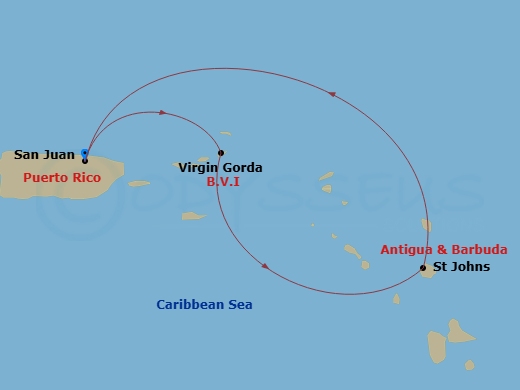 Ilma - 3 Night - San Juan / San Juan - Ilma - Starting in San Juan, Virgin Gorda, St John VI, San Juan itinerary map
