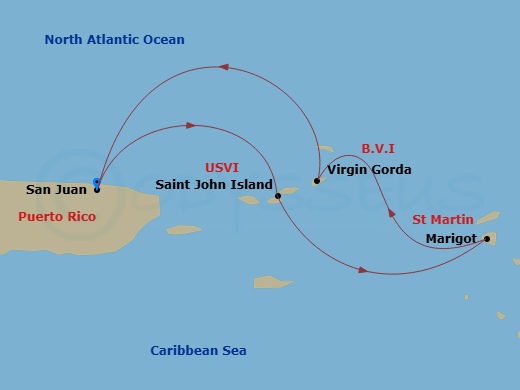 Evrima - 4 Night - San Juan / San Juan - Evrima - Starting in San Juan, St John VI, Marigot, Virgin Gorda, San Juan itinerary map