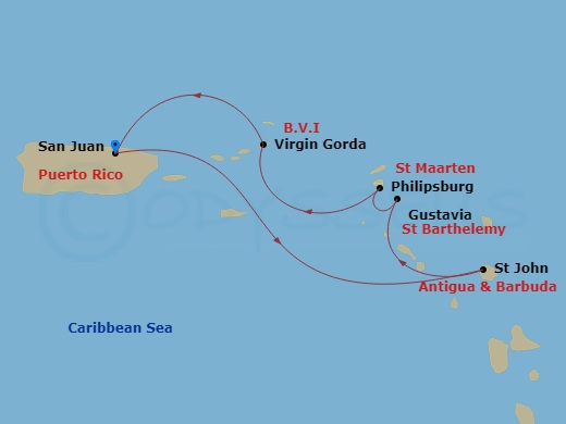 Evrima - 5 Night - San Juan / San Juan - Evrima - Starting in San Juan, St John VI, Gustavia, Marigot, Virgin Gorda, San Juan itinerary map