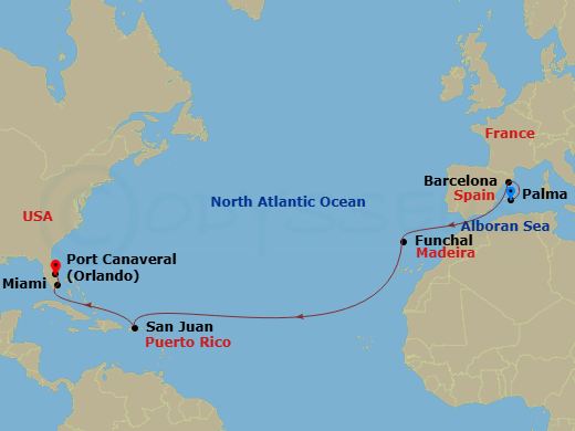 MSC Grandiosa - 15 Night - Msc Grand Voyages - MSC Grandiosa - Starting in Palma De Mallorca (Balearic Islands), Spain, Barcelona, Spain, Funchal (Madeira Islands), Portugal,.. itinerary map
