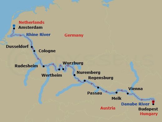 14 Night - Magnificent Europe - AmaLea - Starting in Amsterdam, Dusseldorf, Cologne, Rudesheim, Wertheim, Wurzburg, Eltmann, Nuremberg, Regensburg, Passau, Melk, Vienna, Budapest itinerary map