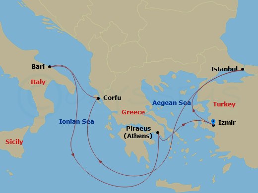 MSC Lirica - 7 Night - Mediterranean - MSC Lirica - Starting in Izmir (Ephesus), Turkey, Istanbul, Turkey, Corfu, Greece, Bari, Italy, Piraeus (Athens), Greece, Izmir (Eph.. itinerary map