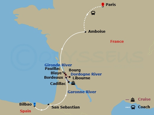 AmaDolce Cruise Tours - 14 Night - Taste of Bordeaux (Wine Cruise) with Bilbao, San Sebastian Pre-Cruise and Loire Valley, Paris Charles De Gaulle Post-Cruise - AmaDolce Cruise Tours itinerary map