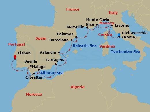 Azamara Onward - 17 Night - Italy, Spain & Portugal Cruise : Florence, Nice & Seville - Azamara Onward - Starting in Rome (Civitavecchia), Florence / Pisa (Livorno), Monte Car.. itinerary map