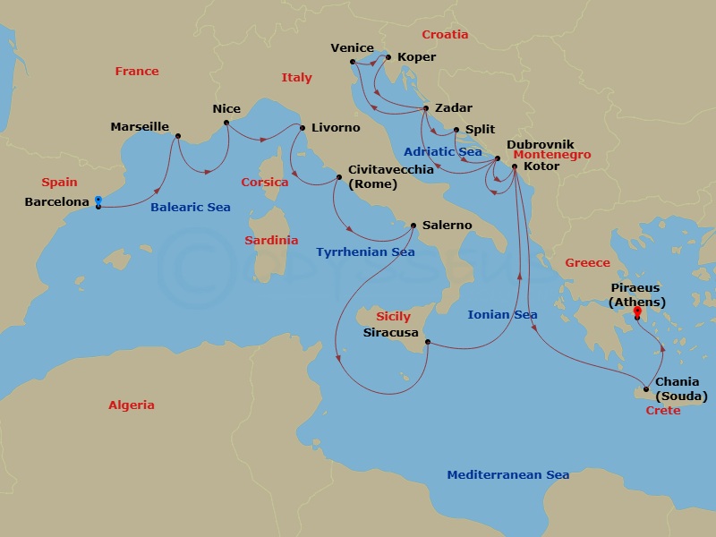 Azamara Onward - 21 Night - France, Italy, Croatia & Greece Cruise : Marseille, Florence, Dubrovnik & Athens - Azamara Onward - Starting in Barcelona, Provence (Marseille), Ni.. itinerary map