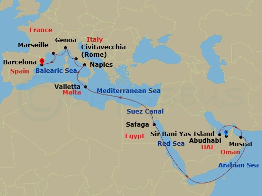 19 Night - Msc Grand Voyages - MSC World Europa - Starting in Abu Dhabi, United Arab Emirates, Sir Baniyas Island, UAE, Muscat, Oman, Safaga, Egypt, Suez Canal (Transit), Egypt, La Valletta, Malta, Naples (Pompeii), Italy, Civitavecchia (Rome), Italy, Genoa (Portofino), Italy, Marseille (Provence), France, Barcelona, Spain itinerary map