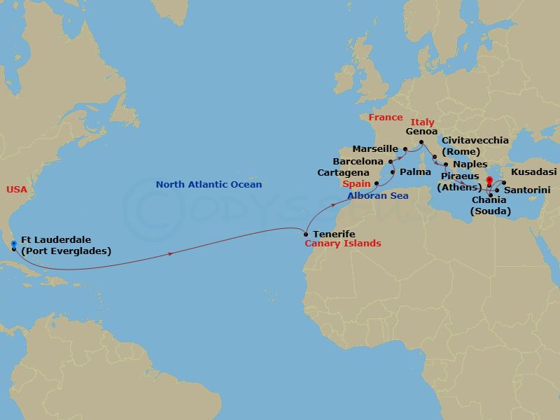 Sun Princess - 23 Night - Western Mediterranean Grand Adventure - Sun Princess - Starting in Fort Lauderdale, Florida, Santa Cruz de Tenerife, Cartagena ES, Mallorca (Palma).. itinerary map