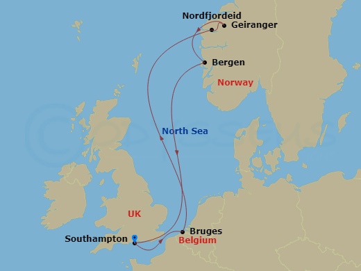 Celebrity Apex - 7 Night - Norwegian Fjords Cruise - Celebrity Apex - Starting in Southampton, England, Bruges, (Zeebrugge), Belgium, Nordfjordeid, Norway, Geiranger, Norway,.. itinerary map