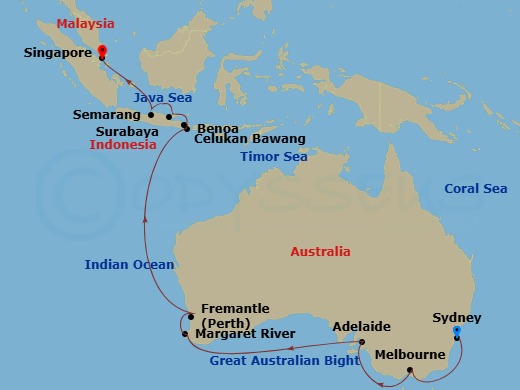 Azamara Pursuit - 22 Night - Australia & Indonesia Cruise : Melbourne, Perth & Bali - Azamara Pursuit - Starting in Sydney AU, Melbourne, Adelaide, Albany AU, Margaret River (B.. itinerary map