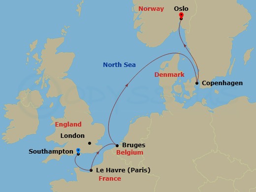 MSC Preziosa - 5 Night - Msc Grand Voyages - MSC Preziosa - Starting in Southampton (London), United Kingdom, Le Havre (Paris), France, Zeebrugge (Bruges), Belgium, Copenhag.. itinerary map