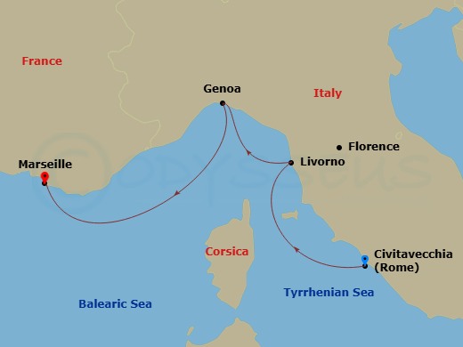 MSC Opera - 3 Night - Msc Grand Voyages - MSC Opera - Starting in Civitavecchia (Rome), Italy, Livorno (Florence), Italy, Genoa (Portofino), Italy, Marseille (Provence),.. itinerary map