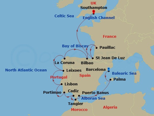 EXPLORA III - 14 Night - An Extended Journey from Iberian Rhythms to Cultural Crossings - EXPLORA III - Starting in Barcelona, Palma De Mallorca, Puerto Banus (Marbella), T.. itinerary map