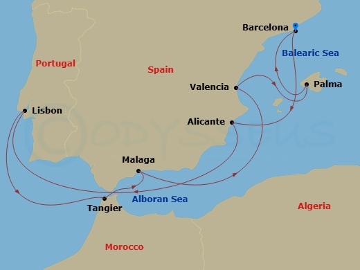 EXPLORA I - 10 Night - A Journey of Coastal Elegance & Cultural Contrasts - EXPLORA I - Starting in Barcelona, Alicante, Lisbon, Tangier, Malaga, Spain, Valencia, Palma D.. itinerary map