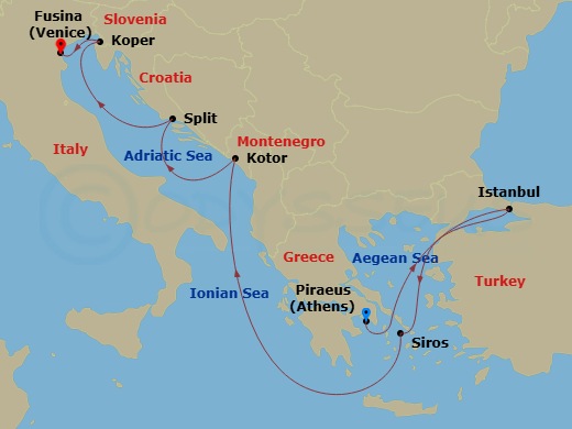 EXPLORA II - 9 Night - A Journey of Dramatic Shores & Sunlit Beauty - EXPLORA II - Starting in Piraeus (Athens), Istanbul, Syros (Syra), Kotor, Split, Koper, Fusina (Venice) itinerary map