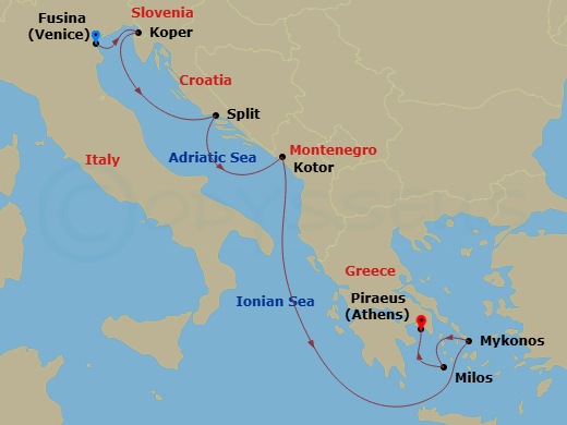 EXPLORA II - 7 Night - A Journey of Coastal Delights & Captivating Old-Town Charms - EXPLORA II - Starting in Fusina (Venice), Koper, Split, Kotor, Mykonos, Milos, Piraeus.. itinerary map