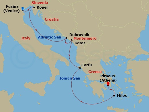 EXPLORA II - 7 Night - A Journey of Balkan Beauty & Greek Grandeur - EXPLORA II - Starting in Fusina (Venice), Koper, Dubrovnik, Croatia, Kotor, Corfu, Milos, Piraeus (Ath.. itinerary map