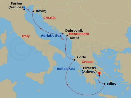 EXPLORA II - 7 Night - A Journey of Adriatic Coastal Beauty & Aegean Enchantment - EXPLORA II - Starting in Fusina (Venice), Rovinj, Dubrovnik, Croatia, Kotor, Corfu, Milo.. itinerary map