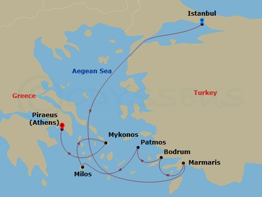 EXPLORA II - 7 Night - A Journey of Aegean Allure & Ancient Echoes - EXPLORA II - Starting in Istanbul, Marmaris, Bodrum, Patmos, Milos, Mykonos, Piraeus (Athens) itinerary map