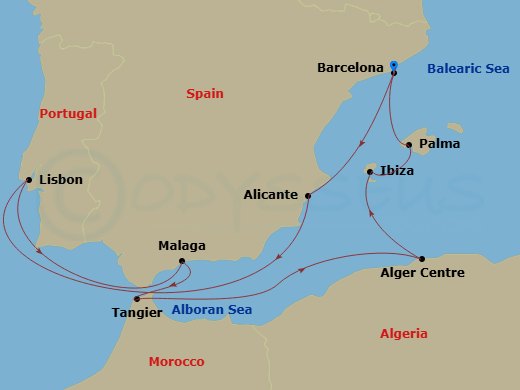 EXPLORA I - 10 Night - A Journey of Mediterranean Spirit & Cultural Exploration - EXPLORA I - Starting in Barcelona, Alicante, Lisbon, Malaga, Spain, Tangier, Algiers, Ib.. itinerary map